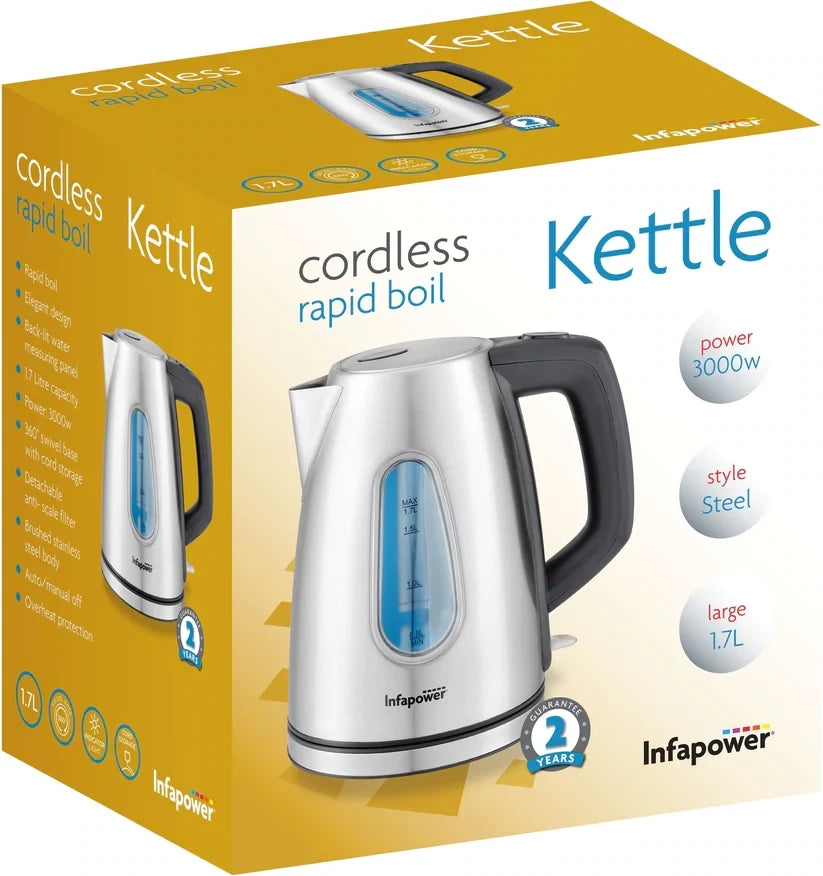 Infapower Cordless Rapid Boil Steel Kettle 3000W 1.7L