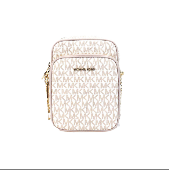 MICHAEL KORS White Rose Gold PVC Flight Leather North South Chain Crossbody Bag