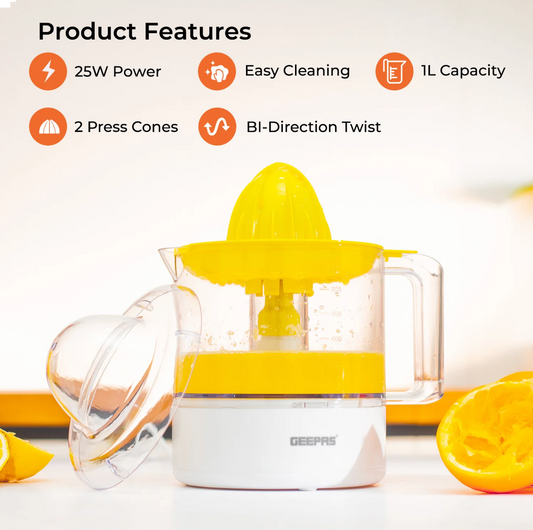 Geepas Bi-Directional Clear-View Electric Citrus Juicer 1L