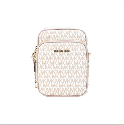 MICHAEL KORS White Rose Gold PVC Flight Leather North South Chain Crossbody Bag