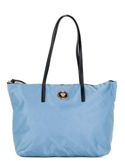 VERSACE Portuna Medusa Medium Cornflower Blue Nylon Leather Tote Bag Purse