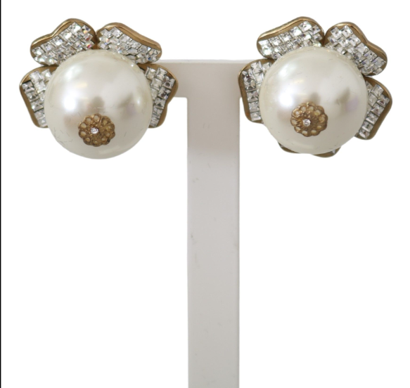 DOLCE & GABBANA Gold Tone Maxi Faux Pearl Floral Clip-on Jewelry Earrings