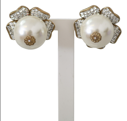 DOLCE & GABBANA Gold Tone Maxi Faux Pearl Floral Clip-on Jewelry Earrings