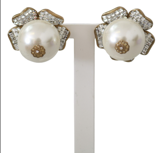 DOLCE & GABBANA Gold Tone Maxi Faux Pearl Floral Clip-on Jewelry Earrings