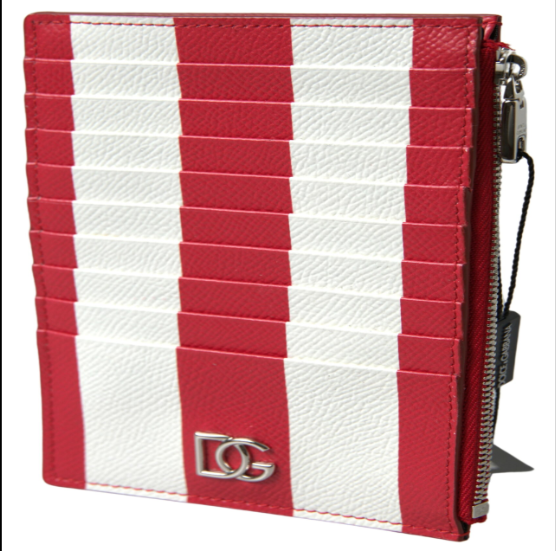 DOLCE & GABBANA Red White Leather DG Logo Zip Card Holder Wallet