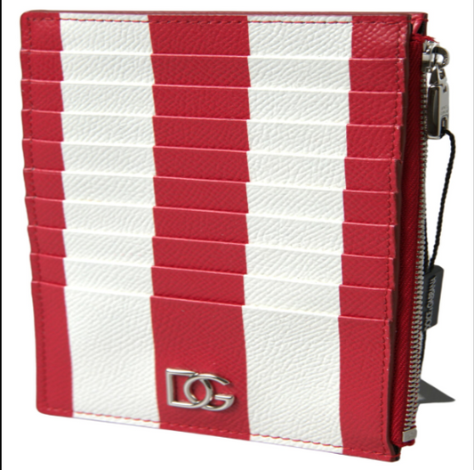 DOLCE & GABBANA Red White Leather DG Logo Zip Card Holder Wallet