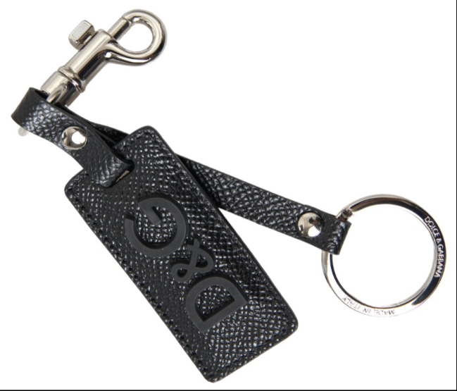 DOLCE & GABBANA Black DG Logo Leather Silver Metal Keychain