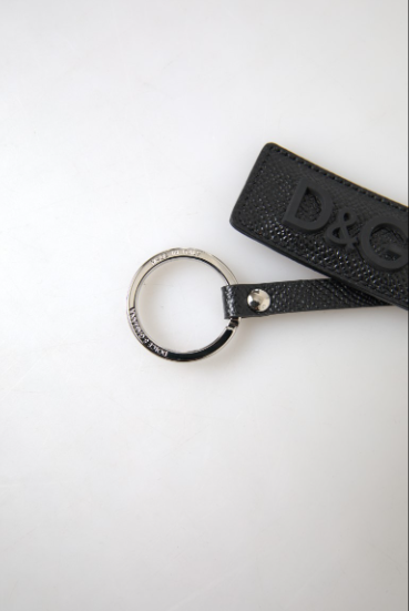 DOLCE & GABBANA Black DG Logo Leather Silver Metal Keychain