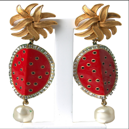 DOLCE & GABBANA Red Watermelon Gold Brass Crystal Clip Dangling Earrings