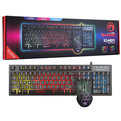 Marvo Scorpion KM409 Gaming Keyboard and Mouse Bundle, 7 Colour LED Backlit, USB 2.0, Compact Design, Multi-Media and Anti-ghosting Keys, Optical Sensor Mouse with Adjustable 800-2400 dpi, UK Layout