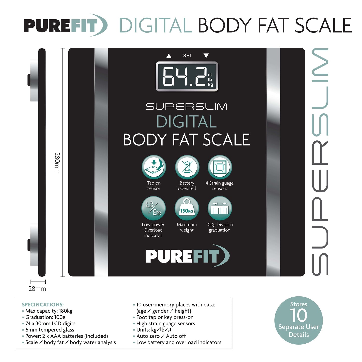 PureFit Black Digital Body Fat Scale Square 180kg